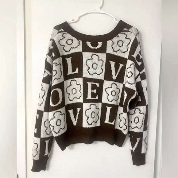 Macy Just Polly Brown and White Button Up Knit Cardigan Small - Picture 3 of 6